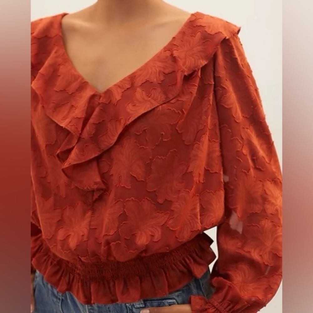 Anthropologie Textured leaves floral orange  Ruffle Blouse ruffle collar